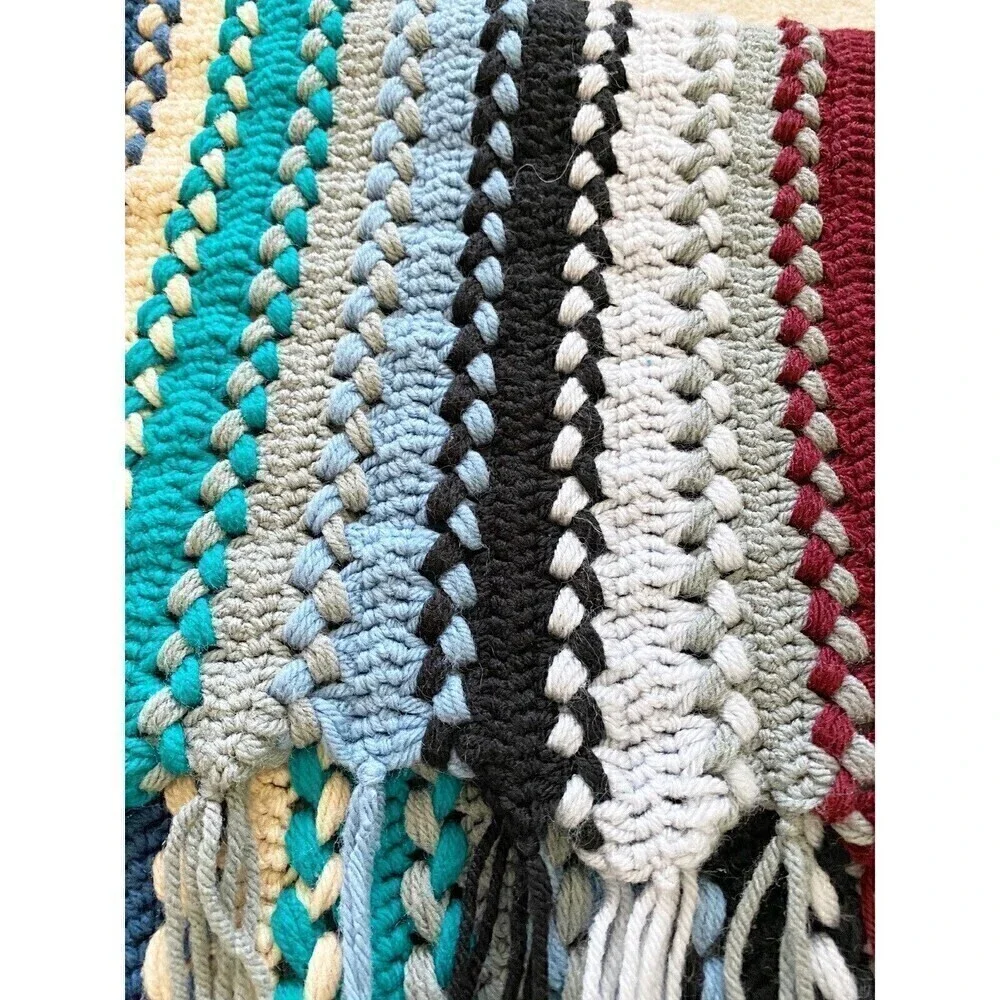 Handmade Blue Burgundy Striped Crochet Afghan Throw Fringe Roseanne Mission Sofa